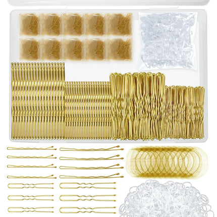 510PCS Blonde Bobby Pins Hair Pins Kit with Hair Net,  Includes 100 Bobby Pins for Women, 100 U Shaped Buns Hair Clips, 300 Hair Bands and 10 Blonde Hair Nets, Dance competition must haves.