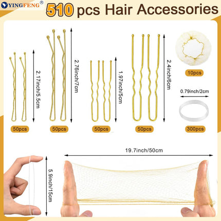 510PCS Blonde Bobby Pins Hair Pins Kit with Hair Net,  Includes 100 Bobby Pins for Women, 100 U Shaped Buns Hair Clips, 300 Hair Bands and 10 Blonde Hair Nets, Dance competition must haves.