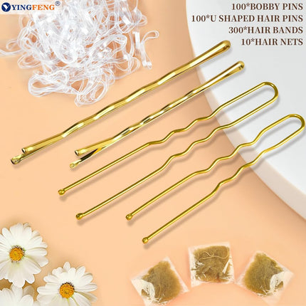 510PCS Blonde Bobby Pins Hair Pins Kit with Hair Net,  Includes 100 Bobby Pins for Women, 100 U Shaped Buns Hair Clips, 300 Hair Bands and 10 Blonde Hair Nets, Dance competition must haves.