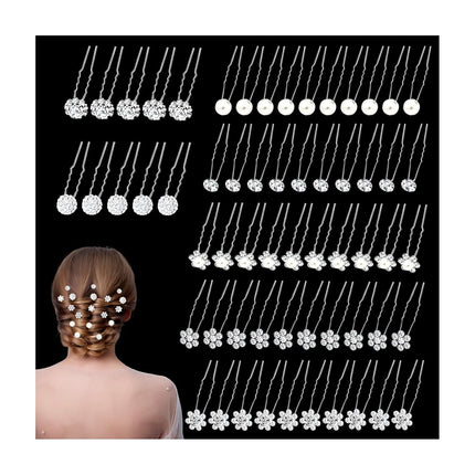 60 Pcs 7 Styles Silver Bridal Wedding Hair Pins,  Flower Hair Clips for Women, U Shaped Crystal Pearl Hair Clips, Suitable for Brides, Bridesmaids, Women's Wedding Hair Accessories.