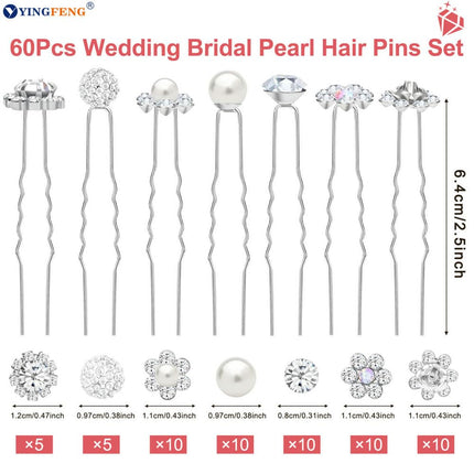 60 Pcs 7 Styles Silver Bridal Wedding Hair Pins,  Flower Hair Clips for Women, U Shaped Crystal Pearl Hair Clips, Suitable for Brides, Bridesmaids, Women's Wedding Hair Accessories.