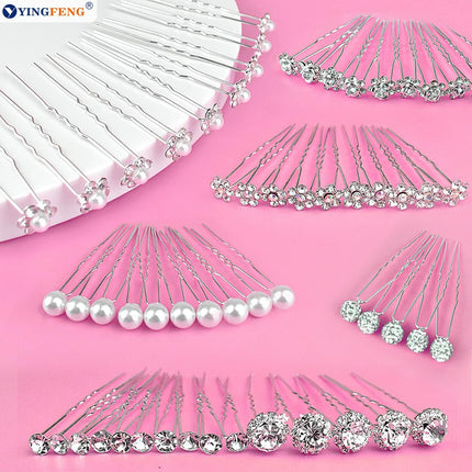 60 Pcs 7 Styles Silver Bridal Wedding Hair Pins,  Flower Hair Clips for Women, U Shaped Crystal Pearl Hair Clips, Suitable for Brides, Bridesmaids, Women's Wedding Hair Accessories.
