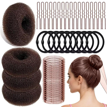 134 Pcs Brown Hair Bun Maker Kit Medium - 4 Bun Hair Pieces for Women, 20 Hair Net for Buns, 100 Bobby Pins for Women, 10 Hair Bands, for Ballet Styling, Hair Accessories for Girls.