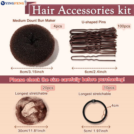 134 Pcs Brown Hair Bun Maker Kit Medium - 4 Bun Hair Pieces for Women, 20 Hair Net for Buns, 100 Bobby Pins for Women, 10 Hair Bands, for Ballet Styling, Hair Accessories for Girls.