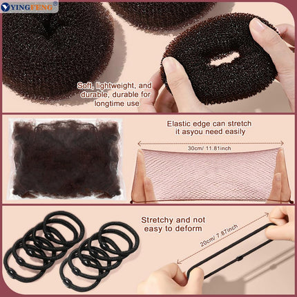 134 Pcs Brown Hair Bun Maker Kit Medium - 4 Bun Hair Pieces for Women, 20 Hair Net for Buns, 100 Bobby Pins for Women, 10 Hair Bands, for Ballet Styling, Hair Accessories for Girls.