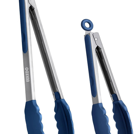 Tongs for Cooking, 600ºF High Heat-Resistant Stainless Steel Kitchen Tongs with Silicone Tips, Non Scratch, Locking Tong for BBQ Grilling Air Fryer Food Salads, Set of 2 (9" and 12") Navy Blue.