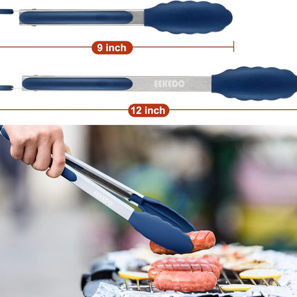 Tongs for Cooking, 600ºF High Heat-Resistant Stainless Steel Kitchen Tongs with Silicone Tips, Non Scratch, Locking Tong for BBQ Grilling Air Fryer Food Salads, Set of 2 (9" and 12") Navy Blue.