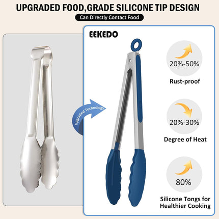 Tongs for Cooking, 600ºF High Heat-Resistant Stainless Steel Kitchen Tongs with Silicone Tips, Non Scratch, Locking Tong for BBQ Grilling Air Fryer Food Salads, Set of 2 (9" and 12") Navy Blue.