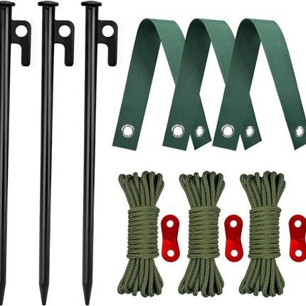 Tree Stakes and Supports, Heavy Duty Tree Stakes Kit Include 3Pcs Tree Straps for Staking, 3Pcs 12" Steel Spikes, and 39Ft Rope, Tree Supports for Young Tree Anti Strong Wind, Bad Weather.
