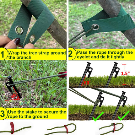 Tree Stakes and Supports, Heavy Duty Tree Stakes Kit Include 3Pcs Tree Straps for Staking, 3Pcs 12" Steel Spikes, and 39Ft Rope, Tree Supports for Young Tree Anti Strong Wind, Bad Weather.