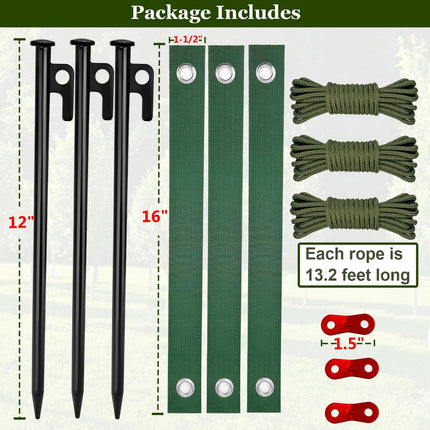 Tree Stakes and Supports, Heavy Duty Tree Stakes Kit Include 3Pcs Tree Straps for Staking, 3Pcs 12" Steel Spikes, and 39Ft Rope, Tree Supports for Young Tree Anti Strong Wind, Bad Weather.