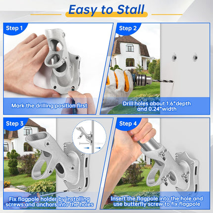 Flag Pole Holder,  Flag Pole Brackets Mount Outside House Heavy-Duty Aluminum Metal Rust Proof Bracket 1" Inner Diameter 2 Positions with Hardwares for Outdoor Wall Mounting Porch( Silver-1 Pack).