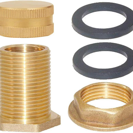 Brass Male Garden Hose Bulkhead Fitting with Plugs,1/2" Female 3/4" GHT Male Water Tank Connector Threaded and 3/4" GHT Female Outer Hex Head End Pipe Caps Drain/Flush Port Kit.