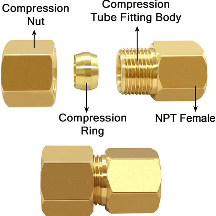 Brass Compression Tube Pipe Fitting 3/8" Tube OD Compression x 1/4" NPT Female Union Connector (Pack of 2).