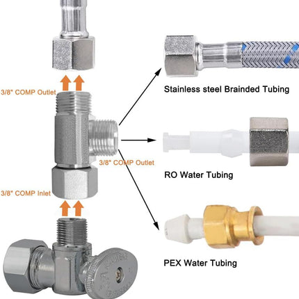 2PCS Lead-Free Brass Nickel Plating Angle Stop Add-A-Tee Valve 3/8" COMP Inlet x Outlet x Outlet for Faucet/Glass Rinser/Dishwasher/Toilet Tank.