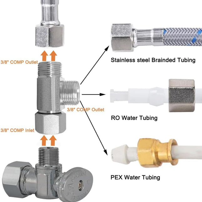 2PCS Lead-Free Brass Nickel Plating Angle Stop Add-A-Tee Valve 3/8" COMP Inlet x Outlet x Outlet for Faucet/Glass Rinser/Dishwasher/Toilet Tank.
