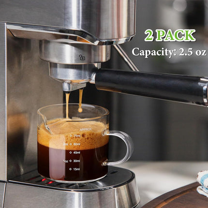 2 Pack Measuring Cups, 75ML Espresso Cups with Handle, Espresso Shot Glasses with V-Shaped Mouth, Clear Accessories, Milk Frothing Pitcher | with Handle, with V-Shaped Mouth, Accessories.