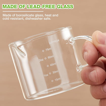 2 Pack Measuring Cups, 75ML Espresso Cups with Handle, Espresso Shot Glasses with V-Shaped Mouth, Clear Accessories, Milk Frothing Pitcher | with Handle, with V-Shaped Mouth, Accessories.