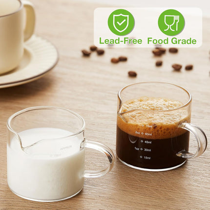 2 Pack Measuring Cups, 75ML Espresso Cups with Handle, Espresso Shot Glasses with V-Shaped Mouth, Clear Accessories, Milk Frothing Pitcher | with Handle, with V-Shaped Mouth, Accessories.