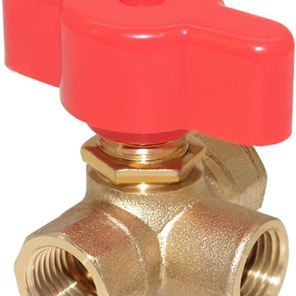 3-Way (L-Port) 1/4"NPT Female Brass Ball Valve Anti-Rust Forged Brass Shut Off Valve Fitting with Red Plastic Handle.