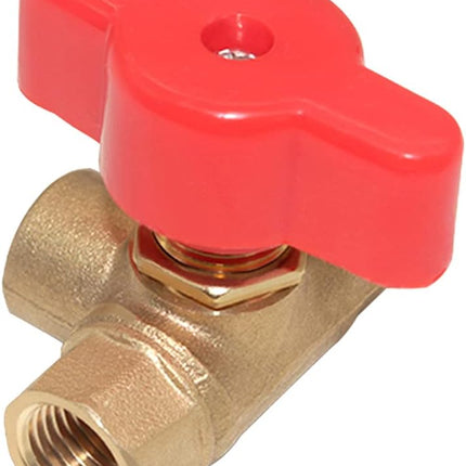 3-Way (L-Port) 1/4"NPT Female Brass Ball Valve Anti-Rust Forged Brass Shut Off Valve Fitting with Red Plastic Handle.