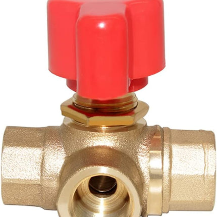 3-Way (L-Port) 1/4"NPT Female Brass Ball Valve Anti-Rust Forged Brass Shut Off Valve Fitting with Red Plastic Handle.