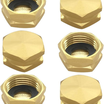 Brass 3/4" GHT Female Garden Hose Cap Hex Watering Fittings with Washers (Pack of 6)