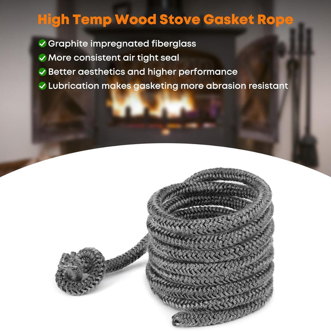 Wood Stove Gasket, 1/4" x 84" Graphite Impregnated Fiberglass Rope Seal and High-Temperature Cement Gasket Replacement for Wood Stoves Door.