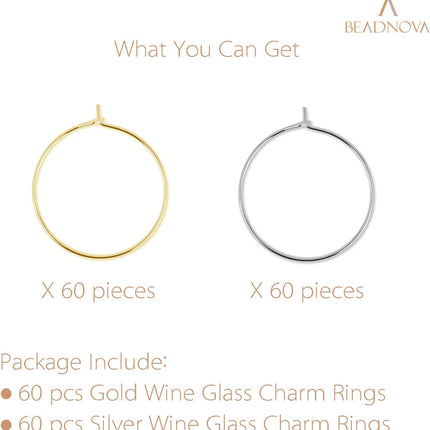 Wine Glass Charm Rings 120pcs Gold and Silver Plated 25mm Beading Charm Rings Wine Glass Marker for Birthday Party Wedding Festival Favor.
