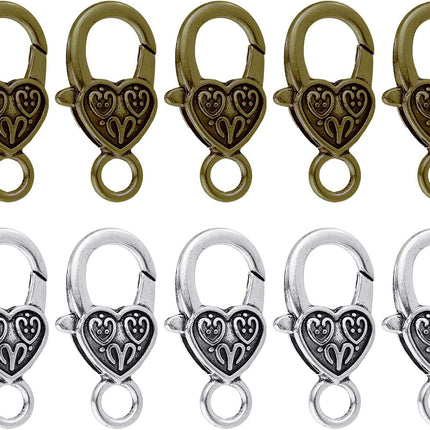 Heart Lobster Clasps 20 Pieces Large Tibetan Antique Heart Lobster Claw Clasps for Jewelry Making Findings Crafts (10pcs Silver, 10pcs Bronze).