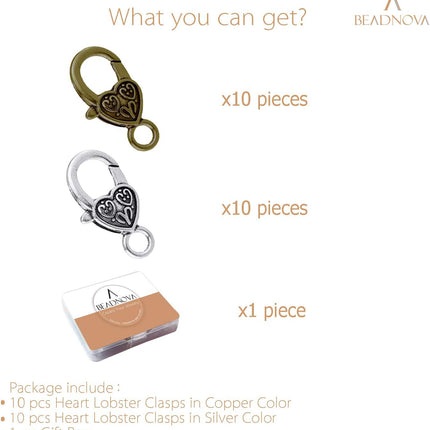 Heart Lobster Clasps 20 Pieces Large Tibetan Antique Heart Lobster Claw Clasps for Jewelry Making Findings Crafts (10pcs Silver, 10pcs Bronze).