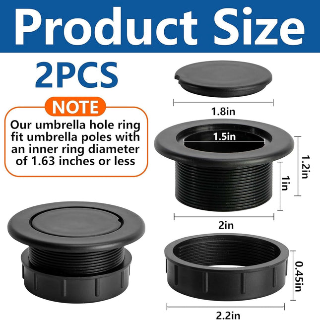 2 Pcs 2 Inch Parasol Umbrella Hole Ring Plug and Cap Set, Thicker Patio Table Hole Cover Insert, Deck Table Umbrella Holes Plug Replacement Parts for Outdoor Patio Table Garden Yard.