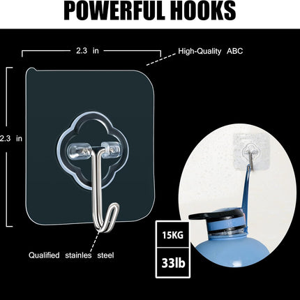 Adhesive Hooks, 32 Pack 33lb(Max) Sticky Hooks, Transparent Reusable Removable Adhesive Hooks for Hanging, Wall Hooks for Hanging Can be Use for Kitchen Bathroom Shower Outdoor Home Improvement.