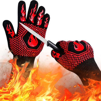 BBQ Fireproof Gloves, Grill Cut-Resistant 1472°F Heat Resistant Gloves, Non-Slip Silicone Oven Gloves, Kitchen Safe Cooking Gloves for Oven Mitts,Barbecue,Cooking, Frying,13.8 Inch-Red.