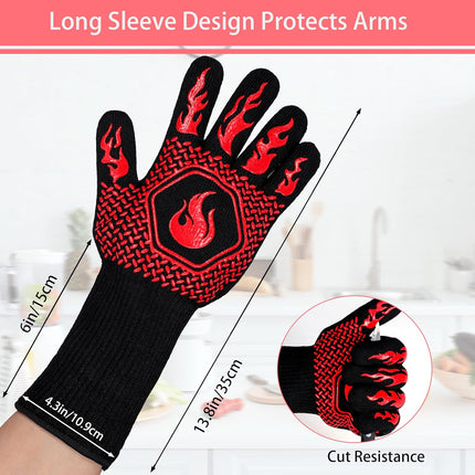 BBQ Fireproof Gloves, Grill Cut-Resistant 1472°F Heat Resistant Gloves, Non-Slip Silicone Oven Gloves, Kitchen Safe Cooking Gloves for Oven Mitts,Barbecue,Cooking, Frying,13.8 Inch-Red.