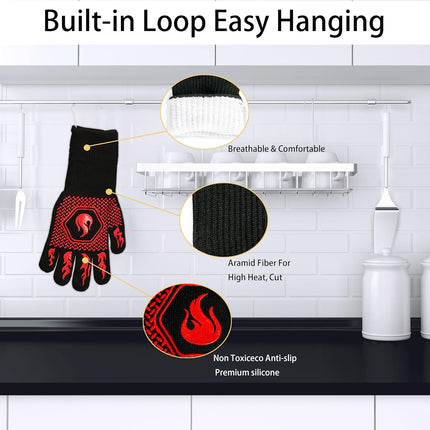 BBQ Fireproof Gloves, Grill Cut-Resistant 1472°F Heat Resistant Gloves, Non-Slip Silicone Oven Gloves, Kitchen Safe Cooking Gloves for Oven Mitts,Barbecue,Cooking, Frying,13.8 Inch-Red.