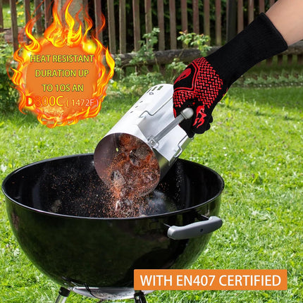 BBQ Fireproof Gloves, Grill Cut-Resistant 1472°F Heat Resistant Gloves, Non-Slip Silicone Oven Gloves, Kitchen Safe Cooking Gloves for Oven Mitts,Barbecue,Cooking, Frying,13.8 Inch-Red.