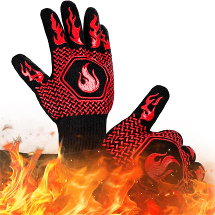 BBQ Fireproof Gloves, Grill Cut-Resistant 1472°F Heat Resistant Gloves, Non-Slip Silicone Oven Gloves, Kitchen Safe Cooking Gloves for Oven Mitts,Barbecue,Cooking, Frying,13.8 Inch-Red.