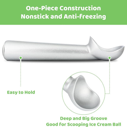 Ice Cream Scoop,7 inches Nonstick Anti-Freeze One Piece Aluminum Scooper Spoon, Heavy Duty Durable Design, Easy Clean, for Gelato, Cookie Dough, Sorbet, Almond (Silver).