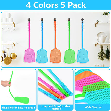Fly Swatter,5 Pack Plastic Heavy Duty Manual Fly Killer, Long Handle Flyswatter, Large Bug Swatters That Work for Indoor and Outdoor.