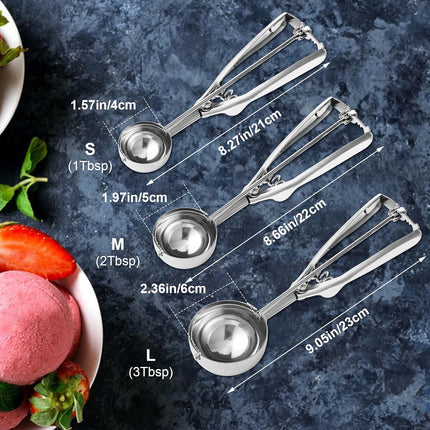 Cookie Scoop,Set of 3 Cookie Dough Scoops for Baking 1 Tbsp,2 Tbsp,3 Tbsp,Stainless Steel Ice Cream Scooper with Trigger Release for Cupcake,Ice Cream,Muffin,Meatball,Melonball.