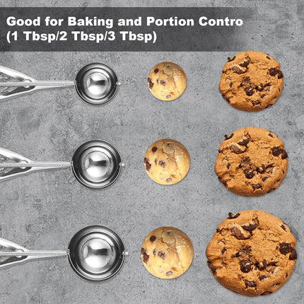 Cookie Scoop,Set of 3 Cookie Dough Scoops for Baking 1 Tbsp,2 Tbsp,3 Tbsp,Stainless Steel Ice Cream Scooper with Trigger Release for Cupcake,Ice Cream,Muffin,Meatball,Melonball.