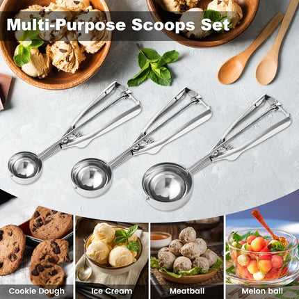Cookie Scoop,Set of 3 Cookie Dough Scoops for Baking 1 Tbsp,2 Tbsp,3 Tbsp,Stainless Steel Ice Cream Scooper with Trigger Release for Cupcake,Ice Cream,Muffin,Meatball,Melonball.