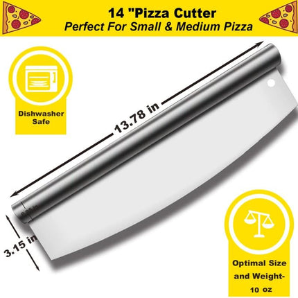 Pizza Cutter Stainless Steel Rocker Slicer - 14 Inch Sharp Knife with Blade Cover, Dishwasher Safe Premium Pizza Oven Accessories.