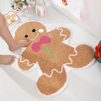 Cute Gingerbread Bath Mat for Bathroom Soft Water Absorbing Bath Rug with Non Slip Backing Fun Washable Bathroom Rug for Christmas Decor.