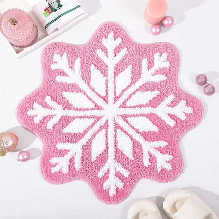 Pink Christmas Decor Snowflake Bathroom Rug, Snowflake Welcome Mat Non Slip Round Shaped Washable Bathtub Rug Bathroom Tub Kitchen Rug Decoration.