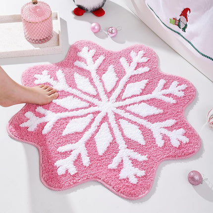 Pink Christmas Decor Snowflake Bathroom Rug, Snowflake Welcome Mat Non Slip Round Shaped Washable Bathtub Rug Bathroom Tub Kitchen Rug Decoration.