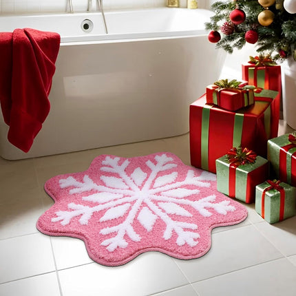 Pink Christmas Decor Snowflake Bathroom Rug, Snowflake Welcome Mat Non Slip Round Shaped Washable Bathtub Rug Bathroom Tub Kitchen Rug Decoration.