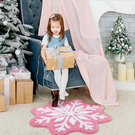 Pink Christmas Decor Snowflake Bathroom Rug, Snowflake Welcome Mat Non Slip Round Shaped Washable Bathtub Rug Bathroom Tub Kitchen Rug Decoration.