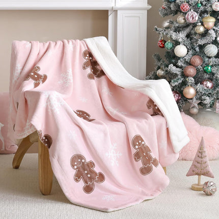 Pink Throw Blanket - Christmas Fluffy Blanket with Gingerbread and Snowflake Pattern - Reversible Sherpa Fleece Soft Blanket - Cozy Lightweight Throw Blanket for Couch Bed Sofa, 50x60 Inches.